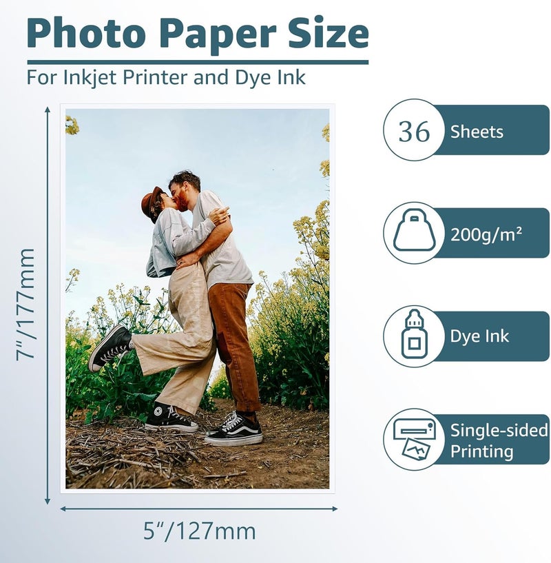 ZBEIVAN 5x7 Photo Paper, Glossy Photo Papers 36 Sheets, 5 x 7 Inkjet Printer Photo Paper for Dye Ink, 200 GSM - Image 2